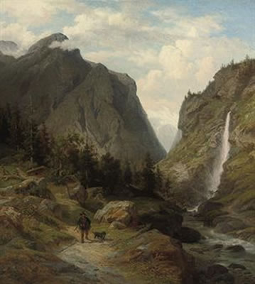 A huntsman by an Alpine torrent