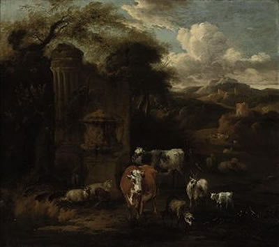 An extensive mountainous landscape with a herd of cattle, sheep and goats at water, by classical ruins, a hilltop tower and fortress beyond