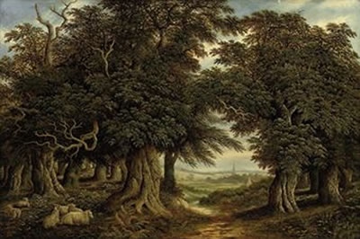 Sheep resting in a wooded landscape, a church in the distance
