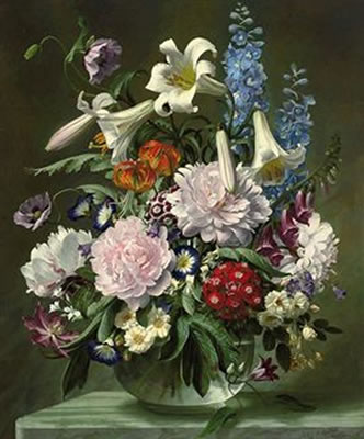 Lilies, peonies, poppies, morning glories, fox gloves and other flowers in a glass vase, on a ledge by John E Nicholls - Auction record, sale price, and art valuation. Compare with similar artists and explore comparable artworks.
