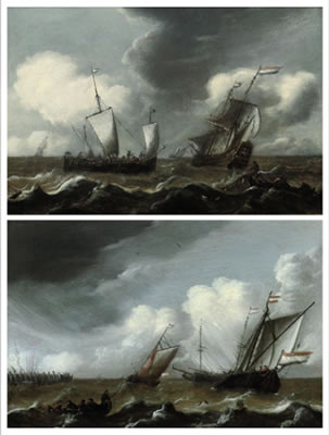 A Dutch schooner, a man-o'-war, and a fishing boat in stormy seas; and Dutch schooners and a landing skiff approaching the harbour (2)