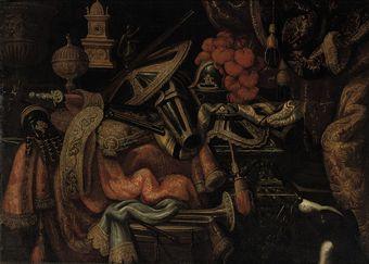 A plumed helmet, a tilting shield, a mace and other arms and armour on a partly-draped carved marble table, with a snare drum and a trumpet, a clock, a bronze statuette and golden vessels, by a draped column, with a hound