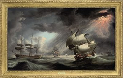 A Royal Naval warship in two positions within a Squadron of the Red caught in a gale