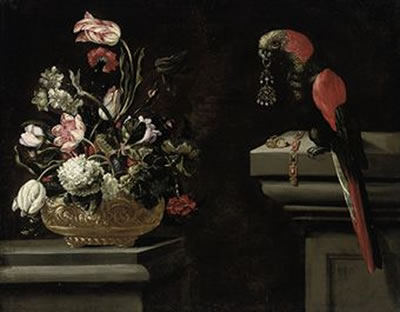 Parrot tulips, hydrangeas, carnations and other flowers in an urn with a parrot holding an earring in its beak on a ledge
