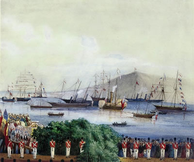 The arrival of the Royal Yacht Victoria and Albert (I) in Alderney, Channel Islands, on 9th August 1854, with Queen Victoria and Prince Albert on board by Paul Jacob Naftel - Auction record, sale price, and art valuation. Compare with similar artists and explore comparable artworks.