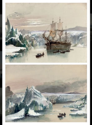 An exploration vessel anchored in Arctic waters with the crew rowing ashore; and The crew defending themselves from an attack by a polar bear whilst rowing ashore (both illustrated) (pair)