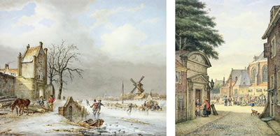 A Dutch winter landscape with skaters on a frozen river; and A Dutch townscape with figures at a market before a cathedral