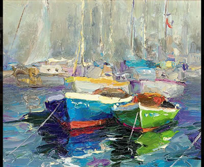 Moored boats; and Seagulls flying over choppy waters (pair)