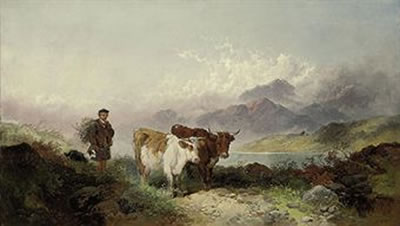 A drover and cattle beside a Highland Loch