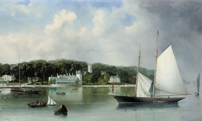 A two-masted racing schooner settling on the tide off the Royal Yacht Squadron, Cowes