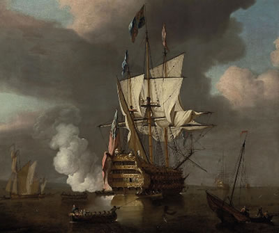 The flagship Royal Sovereign saluting at the Nore by Peter Monamy - Auction record, sale price, and art valuation. Compare with similar artists and explore comparable artworks.