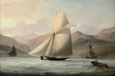 Sir John Bayley's cutter yacht Nymph flying the ensign of the Royal Yacht Squadron in Scottish waters