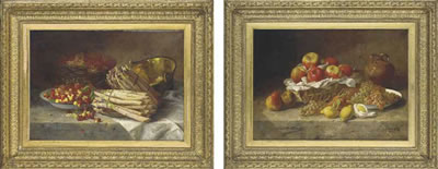 A basket of apples, pears, oranges, lemons, a bowl of grapes and an earthenware pot on a stone ledge; and Whitecurrants and redcurrants in a basket, a bowl of cherries, asparagus and a brass cooking pot on a draped ledge
