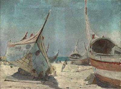 Fishermen sheltering at their boats, Espinho, Portugal