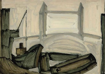 Tower Bridge and Ship Offloading into Three Barges in the Upper Pool, London