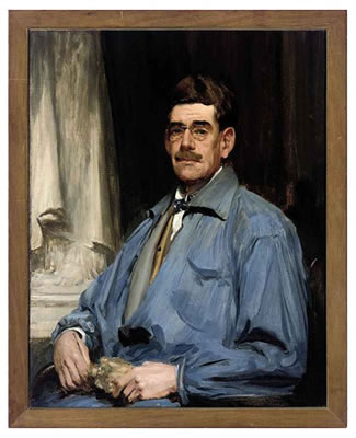 Portrait of Charles Leonard Hartwell: Self-portrait, half-length, in blue overalls, a white shirt and bow-tie