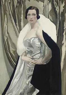 Portrait of Mrs Irwin Buxton, three-quarter-length, in a silver dress and a black wrap with white fur trim