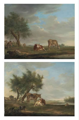 A wooded landscape, a shepherd with sheep and cattle by a pond; and A wooded, river landscape with cattle, sheep and a goat by Johannes Janson - Auction record, sale price, and art valuation. Compare with similar artists and explore comparable artworks.
