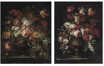 Roses, tulips and other flowers in a sculpted urn on a ledge; and Narcissi, roses, tulips and other flowers in a sculpted urn on a ledge (2)