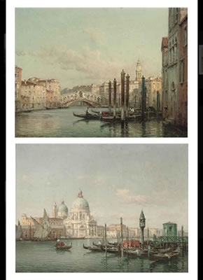Gondoliers before the Rialto bridge; and Gondoliers before Santa Maria della Salute, Venice (2)