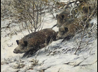 Boars running through a winter forest by Willi Lorenz - Auction record, sale price, and art valuation. Compare with similar artists and explore comparable artworks.