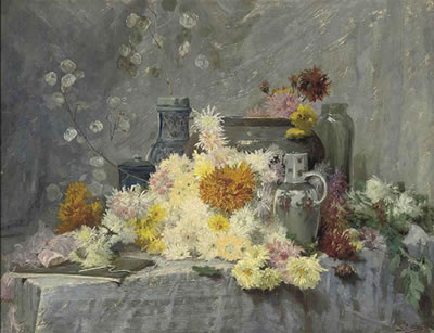Chrysanthemums and pottery