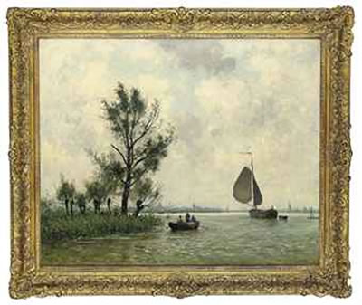 An extensive river landscape with figures in a rowing boat, sailing boats and a city beyond by Alphonse Stengelin - Auction record, sale price, and art valuation. Compare with similar artists and explore comparable artworks.