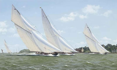 Terpischore, Nyria, Britannia and Moonbeam powering over the Royal Yacht Squadron's starting line, 1923