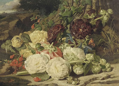 Peonies, fuschias and ivy on a sandy bank