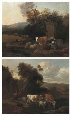 A wooded landscape with a drover and her cattle at rest by classical ruins; and A wooded river landscape with a drover and his cattle watering by Michiel Carree - Auction record, sale price, and art valuation. Compare with similar artists and explore comparable artworks.