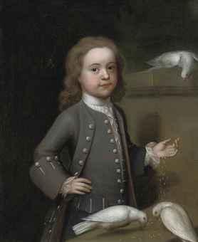 Portrait of Master Harry Spark Patterson (1725-1764), three-quarter-length, in a grey coat, feeding three doves on a ledge