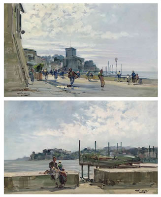 A bustling Italian quayside; and A family before an Italian bay