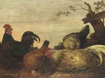 A cockerel and hens in a landscape