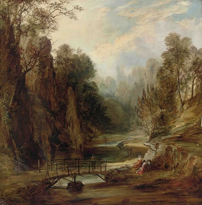 Figures seated beside a river