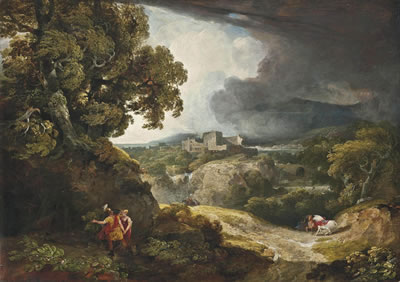 A classical landscape with Dido and Aeneas sheltering from the storm, Carthage beyond