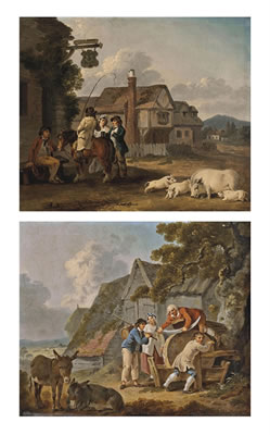 Figures outside an inn, with a sow and piglets, houses beyond; and Figures sharpening a scythe, with two donkeys, farm buildings beyond (pair)