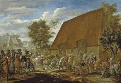 Farmers threshing corn before a thatched barn