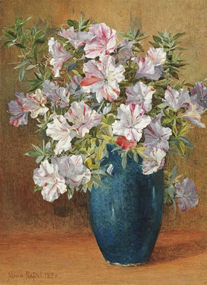 Azalias in a blue vase by Maud Naftel - Auction record, sale price, and art valuation. Compare with similar artists and explore comparable artworks.