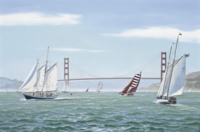The Great San Francisco Schooner Race: Brigadoon, Kaiulani, Aldebaran, Yankee and Condessa Del Mar running before the Golden Gate Bridge by Richard M Firth - Auction record, sale price, and art valuation. Compare with similar artists and explore comparable artworks.