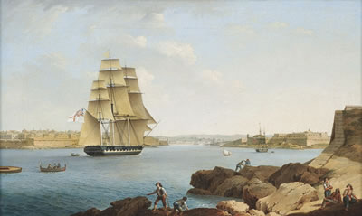 A British frigate entering Grand Harbour, Valetta, Malta