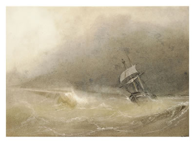 A brig reefed-down in heavy seas
