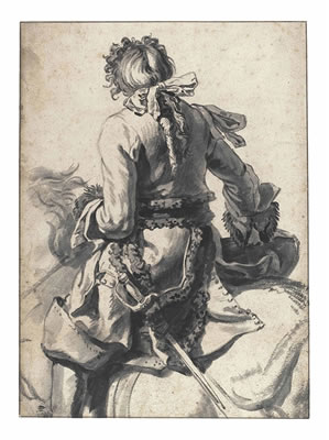 A mounted cavalier, seen from behind