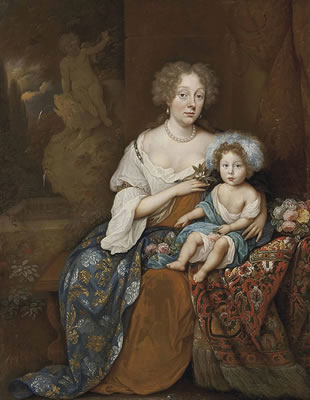 Portrait of a lady, full-length, seated in a brown and white dress and an embroidered cloak, an orange blossom in her right hand, with a child seated a fountain beyond