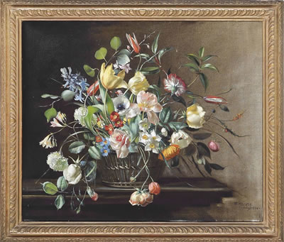 Tulips, hyacinths, fresias, carnations, narcissi, roses, anenomies and primroses arranged in a wicker basket on a wooden ledge by Terence Loudon - Auction record, sale price, and art valuation. Compare with similar artists and explore comparable artworks.