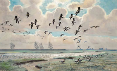 Pink-footed geese coming out from the fields; and Pink-footed geese in flight (verso)