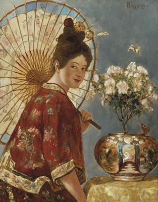 An Oriental maiden holding a parasol