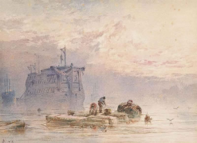A breezy day with fisherfolk on the foreshore; and Hulks at anchor, sunset (illustrated) (2)
