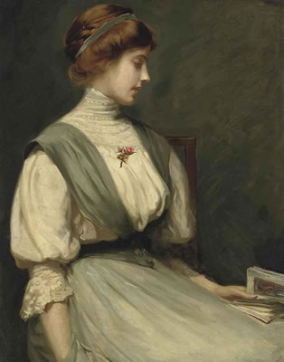 Portrait of Nora Allen, seated half-length, reading a book