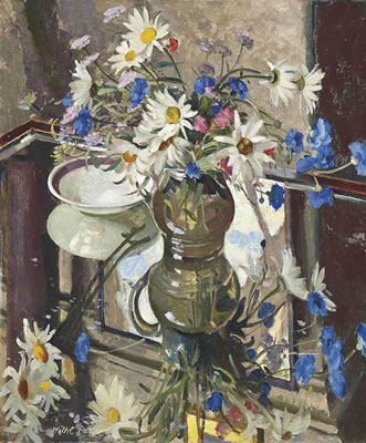 Still life of daisies and cornflowers in a glass jug