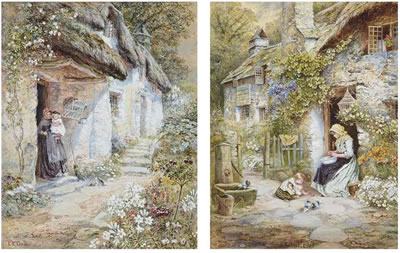 Peeling vegetables; and a Mother and child at a Devonshire cottage door (2)